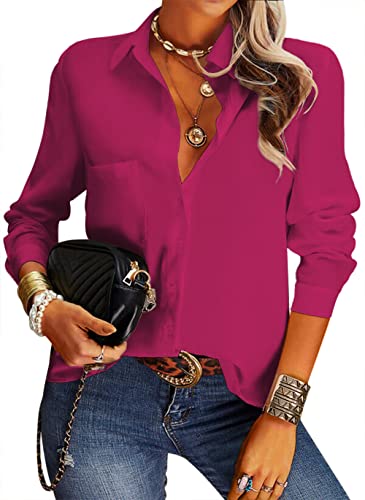 NONSAR Blusa casual elegante para mulher com decote em V, manga comprida e botões, estilo casual e de vestir, corte solto, cor lisa