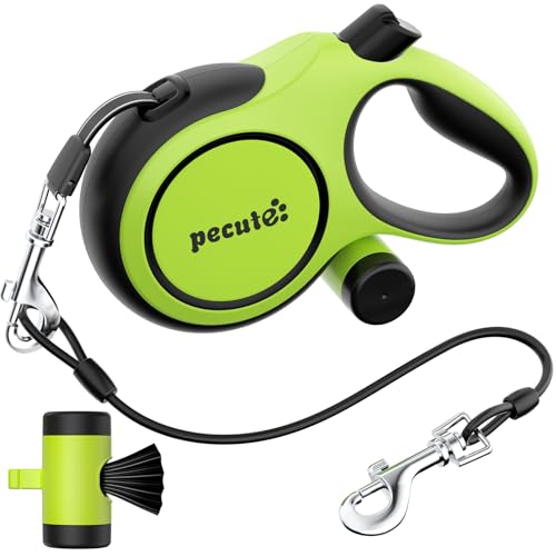 Pecute Trela para cão extensível, trela comprida cão 8 metros com corda anti-ordida de 46 cm, malas higiénicas e porta-bags, 360° anti-embaraços, passeio de cães, treino, dias de chuva, verde