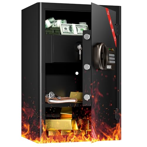 KABISAFE Caixa forte à prova de fogo com gaveta resistente ao fogo, 70 l grande caixa forte digital com chave e senha, caixa forte de segurança para casa, hotel, dinheiro, jóias