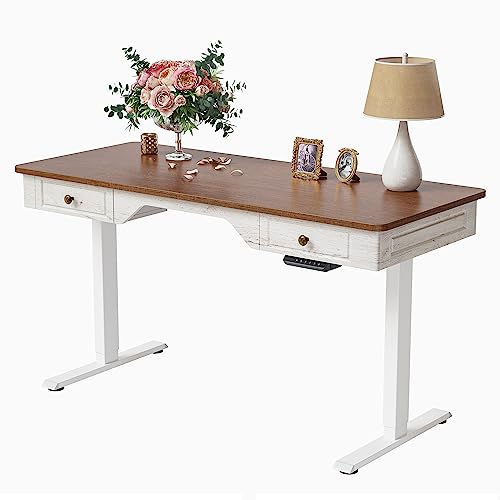 FEZIBO Mid Century - Mesa de pé elétrica moderna com 2 gavetas, 140 x 60 cm, mesa de escritório em casa, mesa de sândalo com moldura branca (2 embalagens)