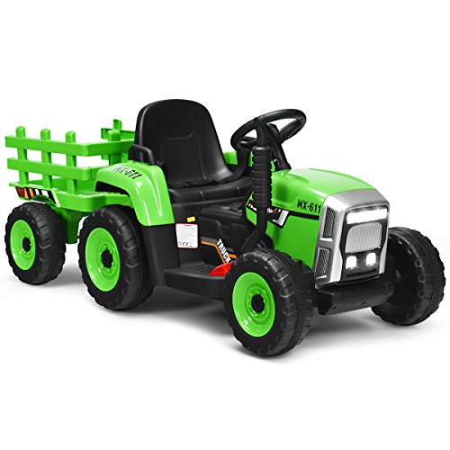 COSTWAY 12 V trator elétrico para crianças com reboque, 3 velocidades e controlo remoto 2,4 G brinquedo trator com luzes LED, música, USB e Bluetooth para crianças com mais de 3 anos (verde)
