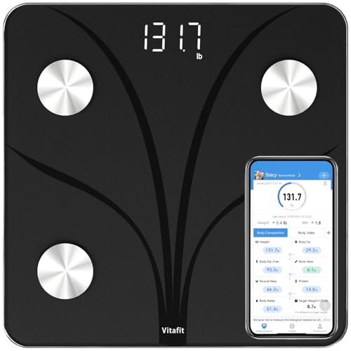 Vitafit Balança de gordura corporal, pesagem profissional de fábrica desde 2001, base de casa de banho digital sincronização de App 13 composição corporal que inclui IMC, gordura corporal e muscular