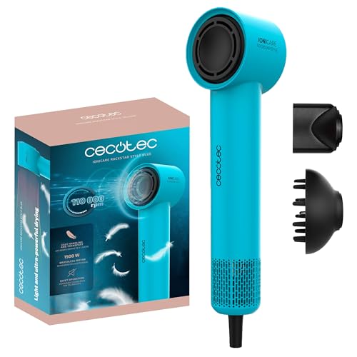 Cecotec Secador de cabelo Ionicare Rockstar Style Blue, secador muito compacto e leve, motor 1500 W 11000 rpm, gerador de íões, 4 temperaturas, 3 velocidades, silencioso: Tecnologia Brushless