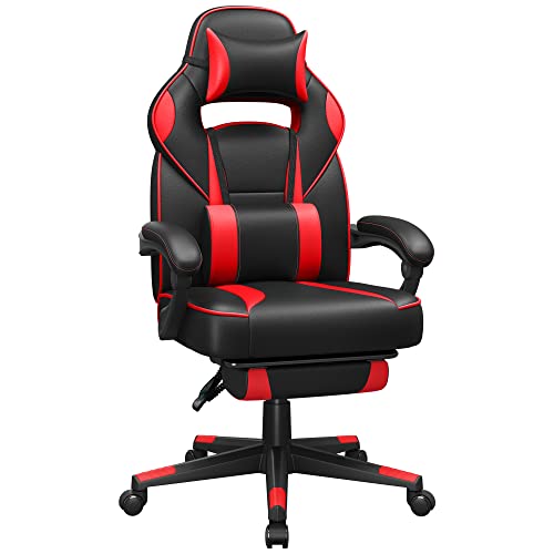 SONGMICS Cadeira de escritório, cadeira de jogos ergonómica, com apoio para os pés telescópico, encosto ajustável, apoio de cabeça e suporte lombar, carga de 150 kg, preto tinta e vermelho morangos