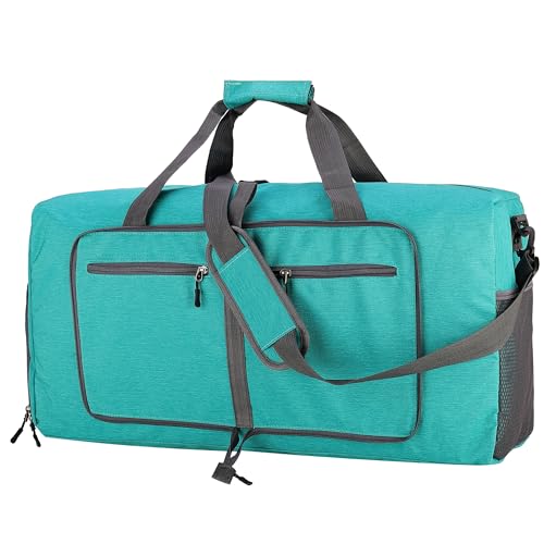ehsbuy 60 L Mala de viagem dobrável mala de viagem homem e mulheres bolsa desporto impermeável grande bolsa leve de fim de semana com compartimento de sapatos, Teal Hemp