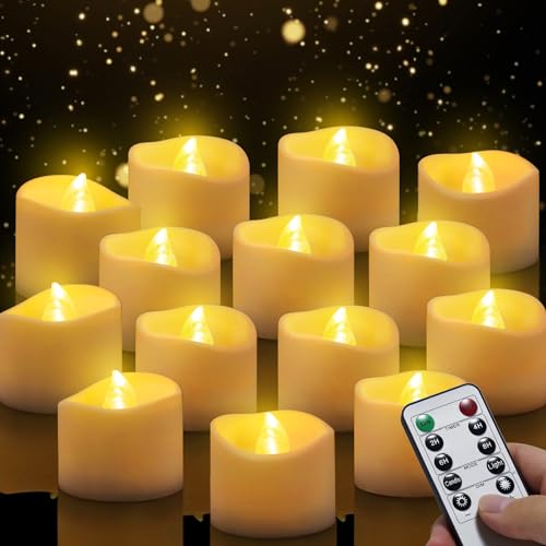 Velas de chá LED, 14 unidades, sem chama, velas de chá com controlo remoto com temporizador automático: 6 horas aceso e 18 horas apagado; luz quente, 3,2 x 3,6 cm