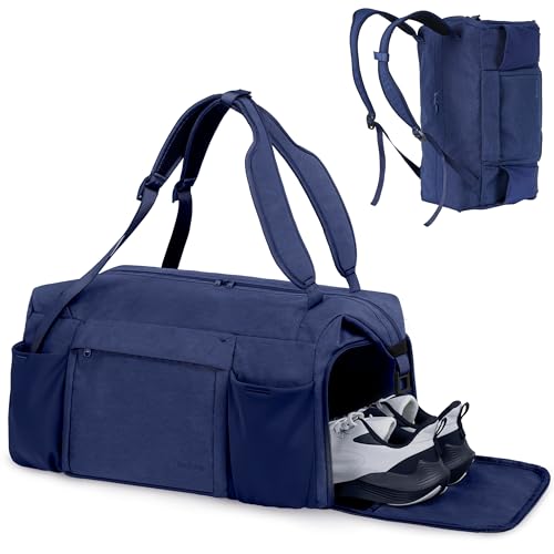kookoomia Saco de desporto homem e mulher 45 L bolsa de ginásio com compartimentos de sapatos e humidade saco de viagem grande para fitness ioga fim de semana natação praia, Azul escuro