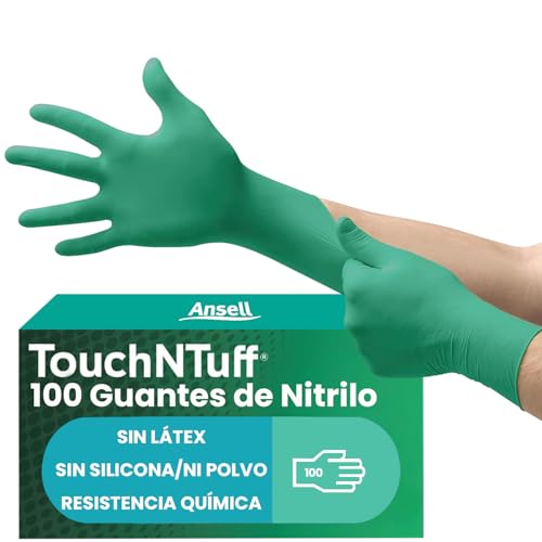 Ansell Luvas de nitrilo descartáveis TouchNTuff, sem látex em pó, luvas protetoras multiusos, proteção química, proteção mecânica, verde, tamanho L 92600 100 peças (1 pacote)