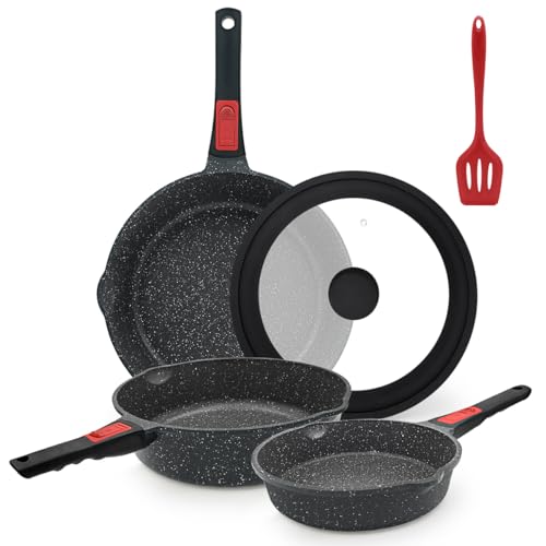 AIKENBBKK Conjunto de frigideira antiaderente de 5 peças, frigideira 20/24/28 cm com cabo removível frigideiras para fritar com tampa, adequadas para todas as placas, adequadas para forno e máquina de