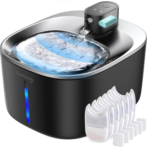 Fonte para gatos sem fios com sensor de movimento em aço inoxidável, Feelneedy 4 l fonte de água para gatos sem cabo com bateria recarregável 4000 mAh, com 6 filtros 12 esponjas, preta