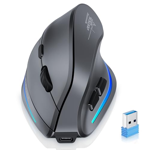 ECHTPower 2024 Upgrade rato vertical, rato ergonómico 2,4 G sem fio, 4800 dpi 6 níveis ajustáveis, porta tipo C, clique silencioso, iluminado para laptop, desktop, PC, MacBook - protege o braço