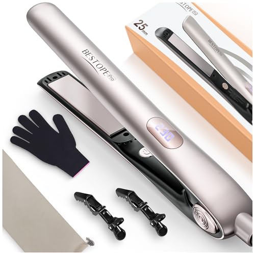 BESTOPE PRO Ferro de cabelo profissional, iões negativos cerâmica anti-estática, placas flutuantes extra-longas, ecrã LCD, 5 níveis temperatura ajustável (120-230 °C), champanhe dourado
