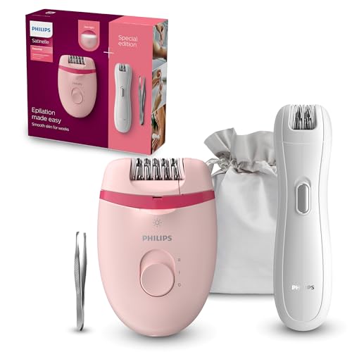 Philips Depiladora feminina Satinelle, compacta, 2 posições de velocidade, inclui uma Minidepiladora, pinças e saco, BRP531/00, rosa