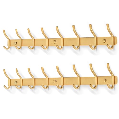 MEIJO Cabides de parede com 8 ganchos, ganchos cabides de montagem na parede em aço inoxidável ganchos ganchos cabide para entrada, cozinha, casa de banho (8 ganchos - 2 peças, ouro)