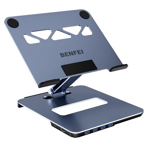 BENFEI Suporte portátil de mesa dobrável, liga de alumínio, elevador portátil, com hub USB C 6 em 1, HDMI 4K@60Hz, 4 * USB 3.0, PD 100 W, compatível com MacBook Pro/Air, iPad Pro, XPS, Thinkpad