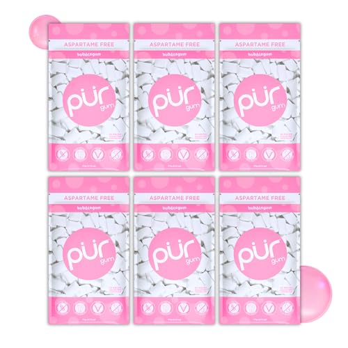 PUR Gum Maquete sem açúcar | com Xilitol | vegano, sem aspartamo e sem glúten, pastilha natural com sabor a Bubblegum, 55 peças (embalagem de 6)