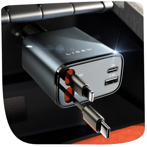 LISEN Retrátil carregador de carro carregamento rápido 69 W acessórios carro para iPhone 16 Pro MAX/e 15 - Gadgets viagens longas carregador isqueiro USB C 12 V para Samsung S25 Xiaomi Dia do Pai