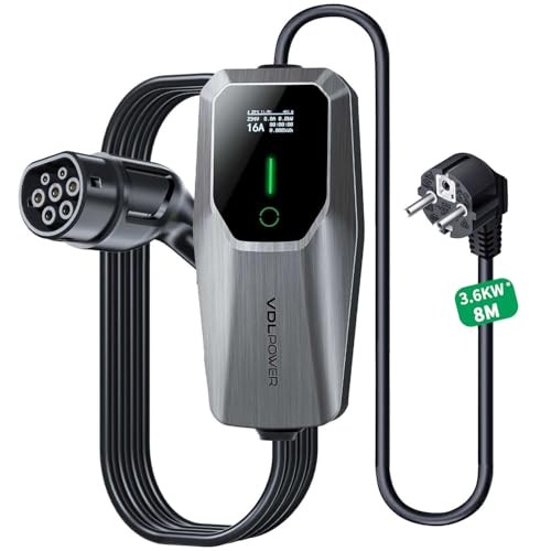 VDLPOWEREU Carregador de carro elétrico, carregador de veículo elétrico de 3,6 Kw 8 m tipo 2, cabo de carregamento de veículo elétrico 8-16 A, com tomada UE para tomadas padrão da UE IEC 62196-2