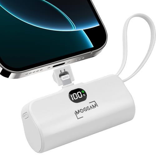 MOGGAM Mini bateria externa iPhone portátil - compatível com 16/15/14/14/13 e mais - bateria portátil iPhone 2 em 1 de 5000 mAh - carregador portátil iPhone e smartphone - Power Bank tamanho do bolso