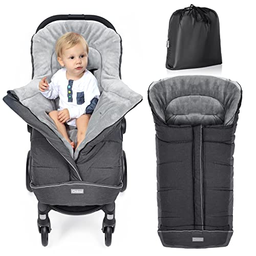 Orzbow Saco para cadeira de passeio universal de inverno, saco de carrinho de bebé inverno com Pile Coral, impermeável, faixa refletora e fecho de correr, lavável em Lavatrice, cinzento escuro