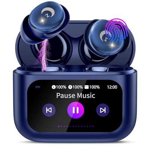 VEKJ Auriculares sem fios com ecrã tátil LED, 2025 auriculares Bluetooth 5,4 HiFi estéreo, 48H mini auriculares para dormir com cancelamento de ruído, IP7 impermeável capacetes sem fios azul