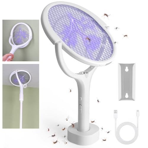 MOOKLIN ROAM Raquete mosquiteira elétrica, 3500 V extrator elétrico de inseto com cabeça giratória, mata mosquitos elétrico USB recarregável, expansível para uso interno / ao ar livre