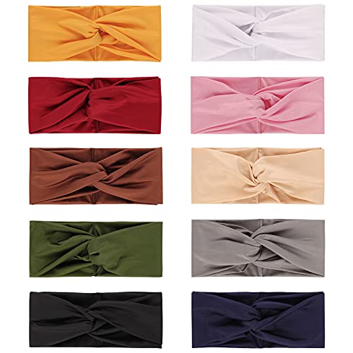 DRESHOW 10 peças boho mulher diadema flor vintage impresso Criss Cross Cross nó elástico faixa para o cabelo banda acessórios de cabelo ioga cabeça Wraps diadema para mulheres, 10 Pacote: Solid Color