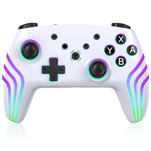 Controlador de conmutación, luces RGB cambiables, controlador Pro con despertar/joysticks precisos/giroscopio de 6 ejes/doble choque/turbo, controlador inalámbrico para conmutador/Lite/OLED, color