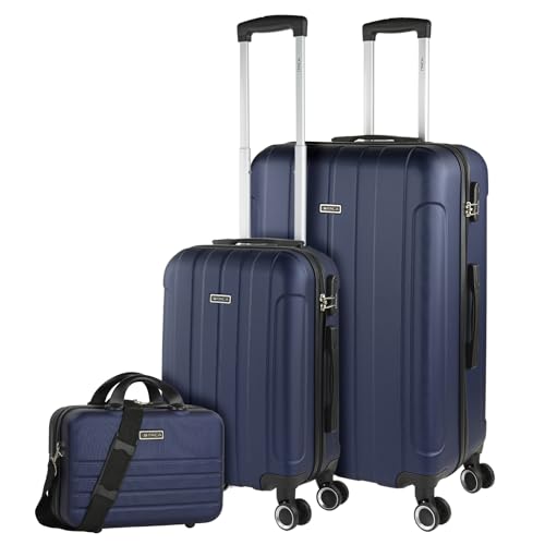 ITACA - Malas de viagem rígidas ABS - mala de viagem cabine, mala média e mala grande - pega telescópica, 4 rodas giratórias e cadeado de combinação, MARINHO, Conjunto de malas