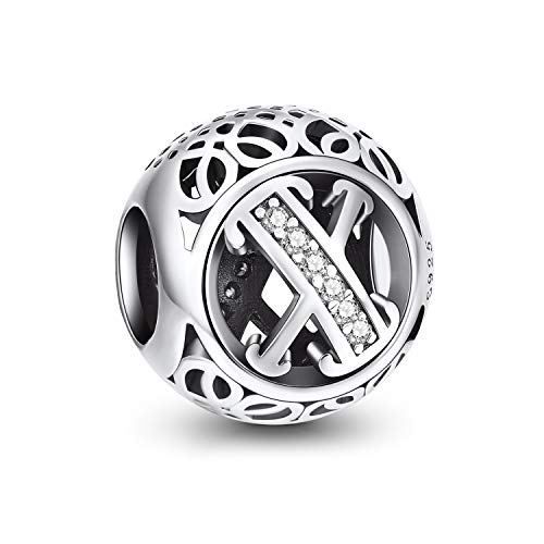 NINGAN A-Z 26 contas encantos pendentes de alfabeto contas prata de lei 925 com zircônia cúbica transparente compatível com pulseira Pandora e europeu, encantos de letra para mulher menina