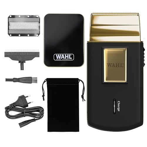 Wahl Travel Shaver Gold Edition Barbeadora elétrica sem cabo e recarregável para homem, ideal para viajar, cortar cabelo e barba, compacta e portátil, ouro