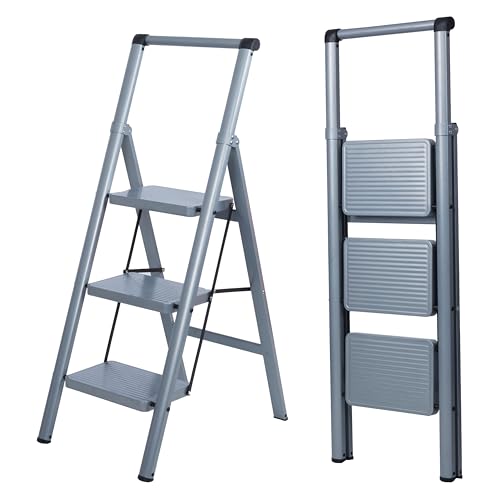 UZIRO Escada dobrável com 3 pés, leve e compacta, design decorativo, degraus largos antiderrapantes, ideal para uso em casa, cozinha e escritório, fácil de guardar e transportar, alta durabilidade