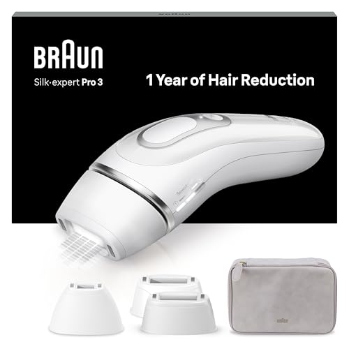 Braun Luz de pulso Silk-expert Pro 3, remoção de pêlos em casa, alternativa à remoção a laser, removedor IPL com capa e 3 cabeças para rosto e corpo, branco/prateado, PL3230