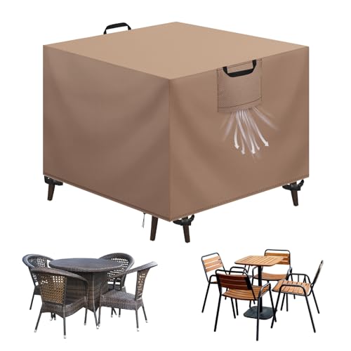 Aujink Capa mesa exterior impermeável, capa para móveis de jardim, cobertura para móveis de jardim, tecido Oxford 420D, anti-vento, anti-UV, capa protetora mesa exterior, caqui, 90 x 90 cm