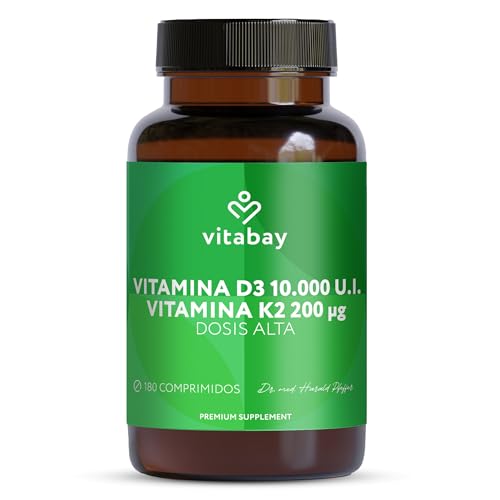 Vitabay Vitamina D3 K2 10.000 UI - 180 comprimidos vitamina D vegana e alta doseada - Vit D3 K2 com MK-7 testada em laboratório - promove o sistema imunitário, ossos, músculos e dentes