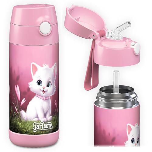 Jarlson® garrafa de água para crianças com palhinha CHARLI, garrafas de água de aço inoxidável - térmicas, sem BPA, à prova de fugas, para a escola e desportos, o termos térmico, 350 ml