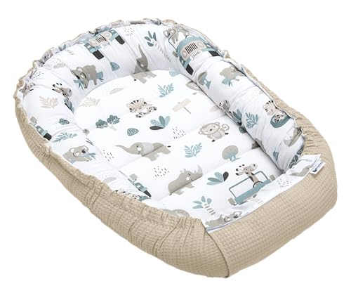 Medi Partners Ninho de bebé recém-nascido redutor de berço - 100 x 60 x 15 portátil ou de viagem de coleço anticólicas bilateral bebés 100 % algodão baú (Mint Zoo com cinzento golfe)