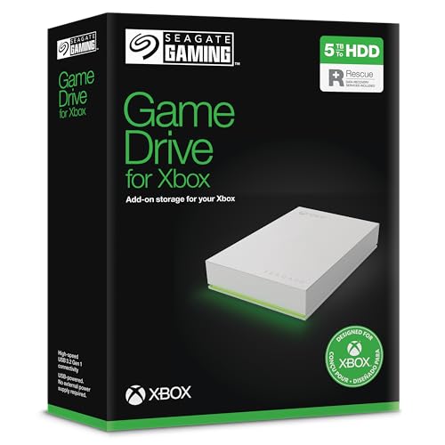 Seagate Game Drive for Xbox 5TB, unidade de disco rígido externa (HDD), USB 3.2 Gen 1, preto, certificação Xbox, LED RGB, Rescue Services (STKX5000100)