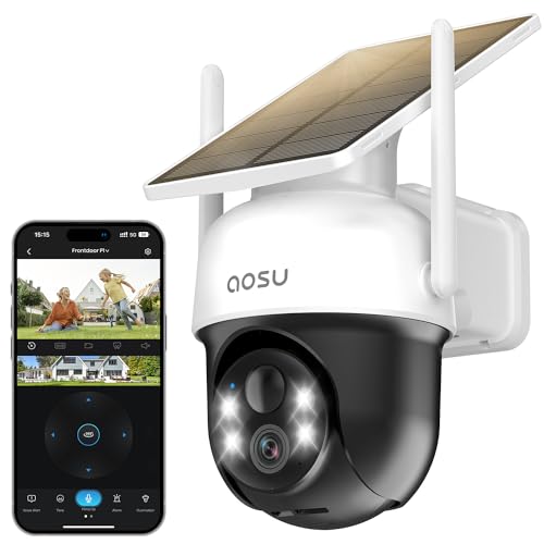 AOSU Câmara de vigilância WiFi exterior solar 3 MP, 2 K, 360 ° 2,4 GHz com painel solar e bateria, câmara de segurança exterior sem cabos com detecção PIR