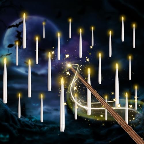 SLVCREK Velas LED flutuantes, 20 velas mágicas para pendurar com varinha à distância, velas LED sem chama, velas com pilhas para casa, igreja, festa, Halloween, decoração de Natal (20 peças)
