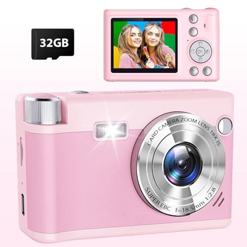 Câmara digital compacta, 48 MP 1080P HD Autofocus câmara de fotos com 32 GB cartão 1300 mAh baterias, 18 X zoom digital, câmara portátil para estudantes adolescentes iniciantes crianças crianças, rosa