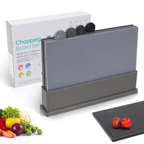 Masthome Set tábua de cortar 4 peças em plástico, antiderrapante, tábua de cozinha com código de cor e capa de armazenamento, tábuas de corte pretas com suporte, Senza BPA