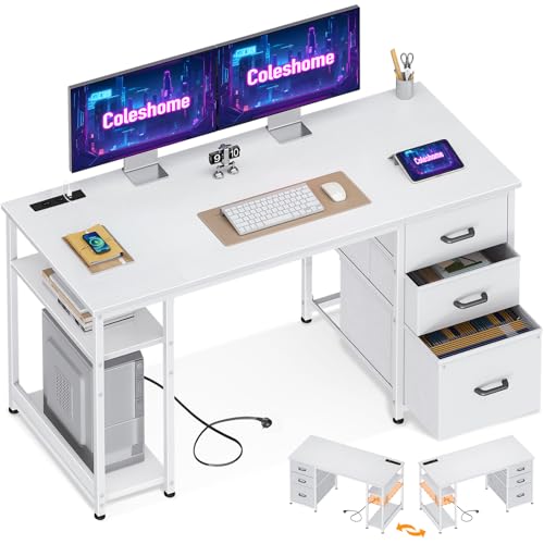 Coleshome Mesa com 3 gavetas de tecido, 130 x 48 cm, mesa de computador com 2 portas de carregamento USB e 2 tomadas de corrente, mesa com prateleiras de armazenamento reversíveis para escritório