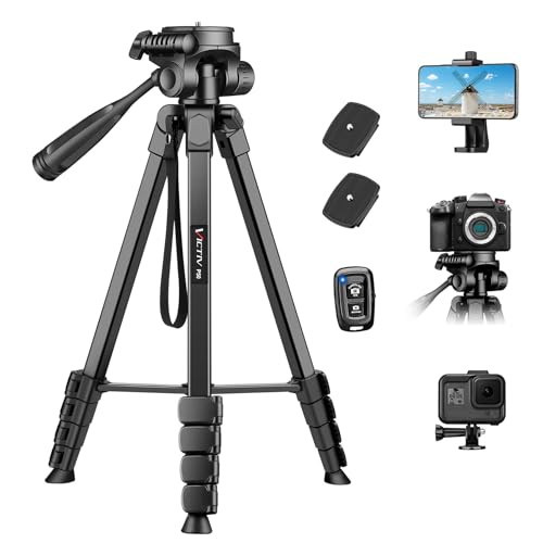 Victiv 172 cm Tripé câmera, tripé portátil de alumínio, tripé móvel para iPhone com sobreposição de telefone e controlo remoto, com cabeça giratória removível de 3 vias para Nikon Canon Sony DSLR