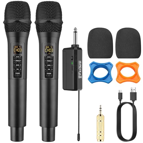 PROZOR Microfone sem fios microfone karaoke com volume Treble Bass Echo com ecrã LED sistema de microfone sem fios duplo de metal com recetor recarregável e esponja para Karaoke DJ