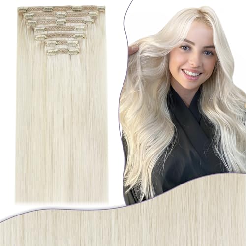 Fshine Clipe de extensões de cabelo natural de 150 g, 50 cm, 7 peças, clipe loiro branco extensões de cabelo natural humano Full Head Clip in Hair Extensões Human Hair Color 1000