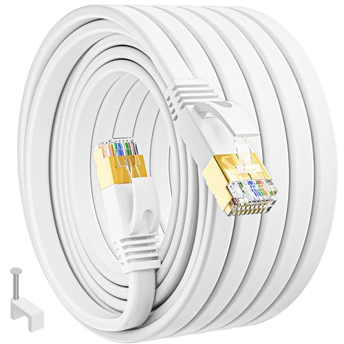 Cabo Ethernet de 50 m, Cat 7 cabo de rede exterior FTP revestido plano cabo Rj45 Gigabit Cable Network 50 m branco cabo Lan 10 Gbps 600 MHz de alta velocidade cabo internet para roteador modem