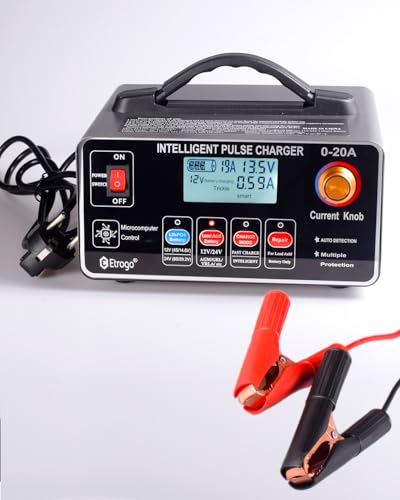 Etrogo Carregador portátil de bateria de carro 12 V 24 V 20 A 400 W de pulso inteligente com função automática de deteção reparação manutenção com ecrã LCD