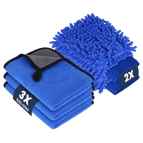 flintronic Conjunto de 5 peças pano de microfibra, 2 peças luvas de secagem de lavagem, 3 panos de microfibra para carro, kit limpeza de carro, para lavagem, desmancha, secagem e polimento, azul