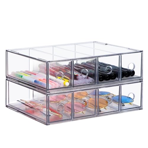 Supaway Organizador de 2 gavetas com 8 compartimentos caixa organizadora de secretária empilhável com gaveta removível caixa de armazenamento multifuncional para papelaria, marca, escritório, óculos